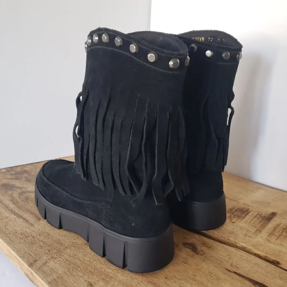 NWT Geox Ghoula Suede Fringe Studded Mid-Calf Chunky Lug Sole Winter Boots 38